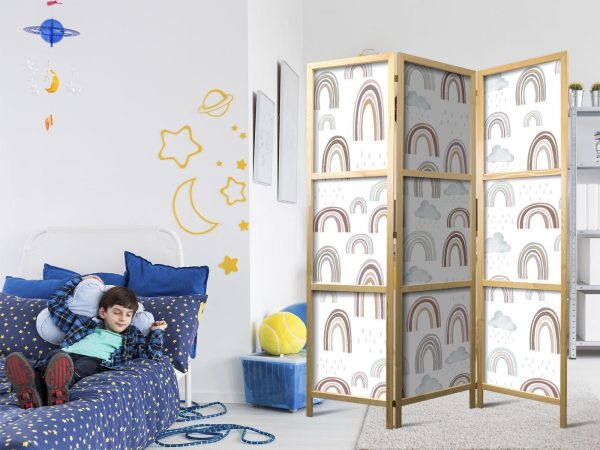 Japanese Room Divider - Rainbows and Clouds - Various-sized rainbows in muted colors among rain clouds in a pale blue shade - Image 2