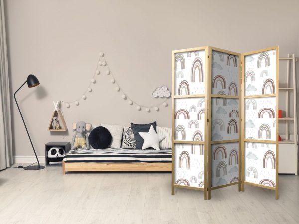 Japanese Room Divider - Rainbows and Clouds - Various-sized rainbows in muted colors among rain clouds in a pale blue shade - Image 3