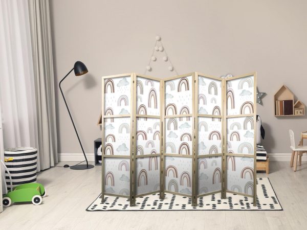 Japanese Room Divider - Rainbows and Clouds - Various-sized rainbows in muted colors among rain clouds in a pale blue shade - Image 3