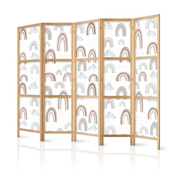 Japanese Room Divider - Rainbows and Clouds - Various-sized rainbows in muted colors among rain clouds in a pale blue shade