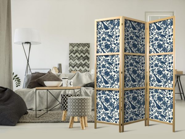 Japanese Room Divider - Rose Vines - Monochromatic Blue Birds Resting Among Roses - Image 2