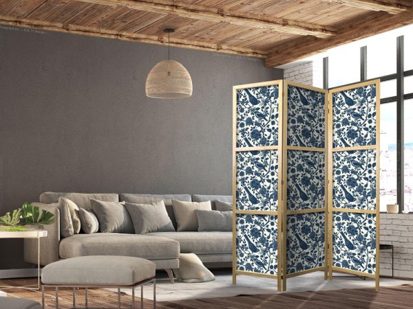 Japanese Room Divider - Rose Vines - Monochromatic Blue Birds Resting Among Roses - Image 3