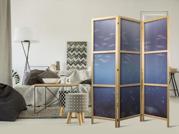 Japanese Room Divider - School of Small Fish - Illuminated Oceanic Depth in Shades of Navy Purple and Gray with a School of Tiny Fish - Image 2