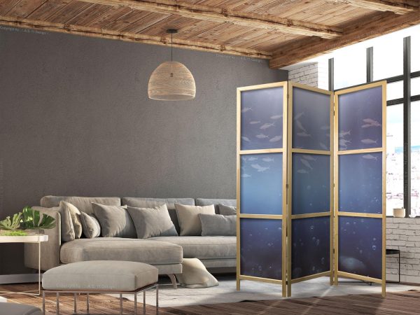 Japanese Room Divider - School of Small Fish - Illuminated Oceanic Depth in Shades of Navy Purple and Gray with a School of Tiny Fish - Image 3