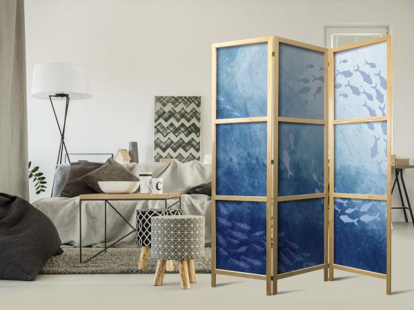 Japanese Room Divider - Schools of Fish - Luminous Clusters of Fish in Blue Among Ocean Depths - Image 2