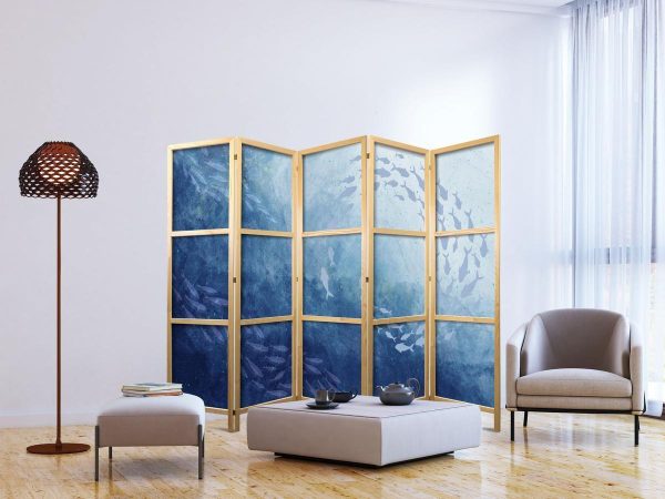 Japanese Room Divider - Schools of Fish - Luminous Clusters of Fish in Blue Among Ocean Depths