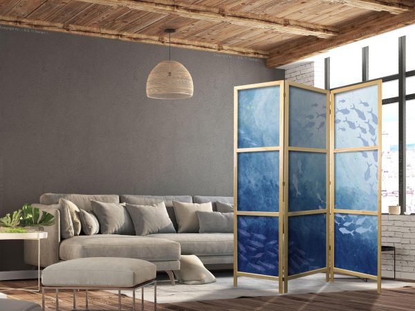 Japanese Room Divider - Schools of Fish - Luminous Clusters of Fish in Blue Among Ocean Depths - Image 3