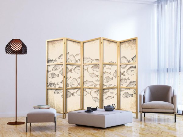 Japanese Room Divider - Sketch of a School of Fish - Sketches of Various Species of Fish Swimming in a School on a Beige Background in Vintage Style - Image 3