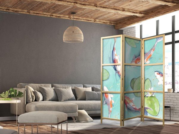 Japanese Room Divider - Spectacular Fish - White-Orange Koi Fish Swimming in Crystal Clear Water with Water Lilies - Image 3
