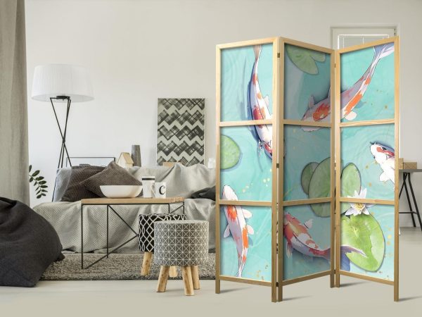 Japanese Room Divider - Spectacular Fish - White-Orange Koi Fish Swimming in Crystal Clear Water with Water Lilies - Image 2