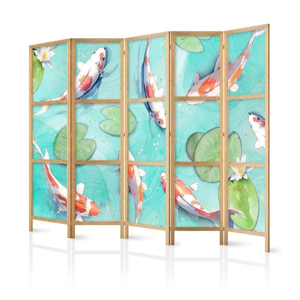 Japanese Room Divider - Spectacular Fish - White-Orange Koi Fish Swimming in Crystal Clear Water with Water Lilies