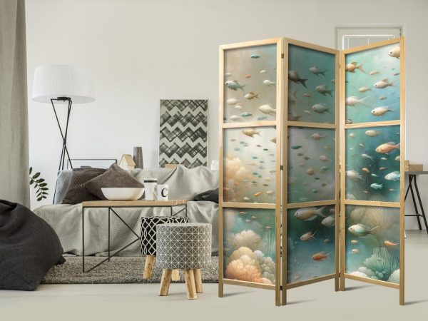 Japanese Room Divider - Spectacular Underwater Landscape - Fish in the Underwater World in Colors of Turquoise Blue Beige and Delicate Orange - Image 2