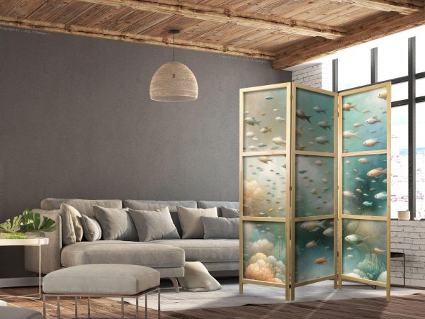 Japanese Room Divider - Spectacular Underwater Landscape - Fish in the Underwater World in Colors of Turquoise Blue Beige and Delicate Orange - Image 3