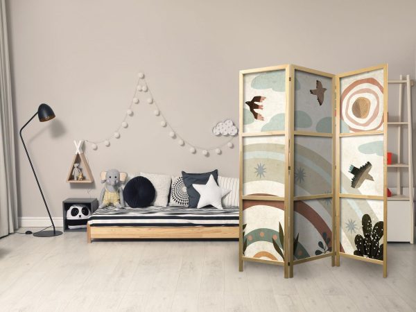Japanese Room Divider - Sun Above the Rainbow - Birds in Subdued Colors Flying Among Clouds Above a Rainbow and Vegetation on a Light Beige Background - Image 3