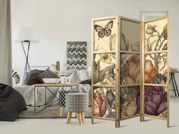 Japanese Room Divider - Tulips in Cream - Illustration of Flowers and Butterflies on a Light Background - Image 2