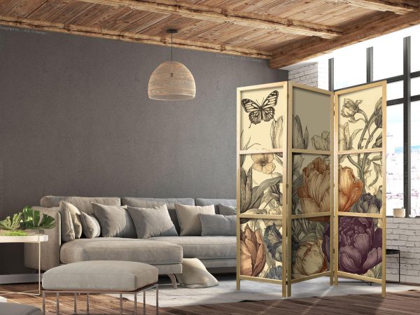 Japanese Room Divider - Tulips in Cream - Illustration of Flowers and Butterflies on a Light Background - Image 3