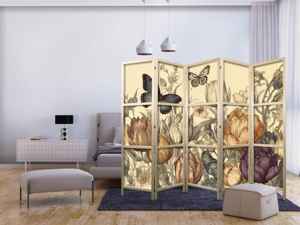 Japanese Room Divider - Tulips in Cream - Illustration of Flowers and Butterflies on a Light Background - Image 2