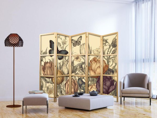 Japanese Room Divider - Tulips in Cream - Illustration of Flowers and Butterflies on a Light Background - Image 3