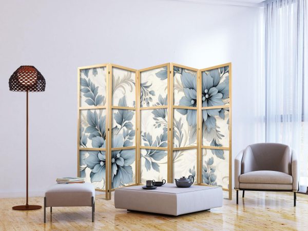 Japanese Room Divider - Turquoise Flowers in Retro Ambiance - Floral Ornaments - Image 3