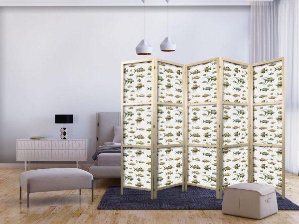 Japanese Room Divider - Unusual Species of Fish - a Cluster of Fish in Muted Colors in Retro Style Against a Background of Beige Streaks - Image 2