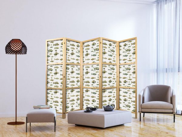 Japanese Room Divider - Unusual Species of Fish - a Cluster of Fish in Muted Colors in Retro Style Against a Background of Beige Streaks - Image 3