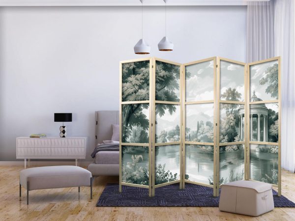 Japanese Room Divider - View of the Park and Lake - Retro Vintage Landscape in Greens - Image 2