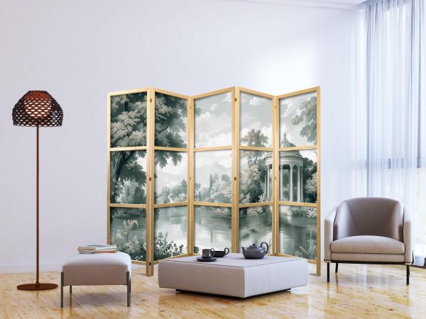 Japanese Room Divider - View of the Park and Lake - Retro Vintage Landscape in Greens - Image 3