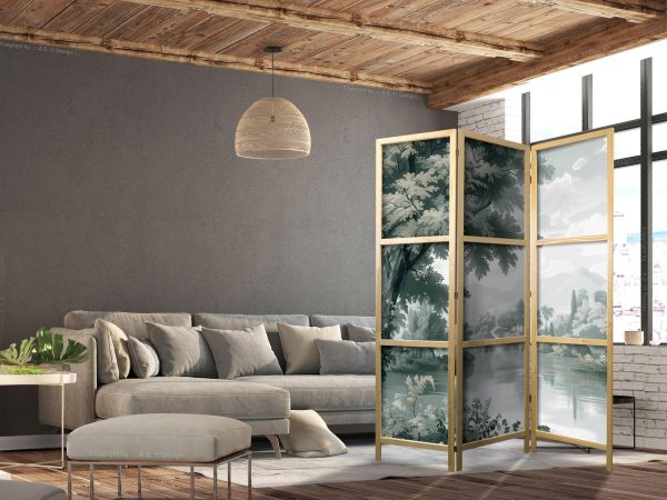 Japanese Room Divider - View of the Park and Lake - Retro Vintage Landscape in Greens - Image 3