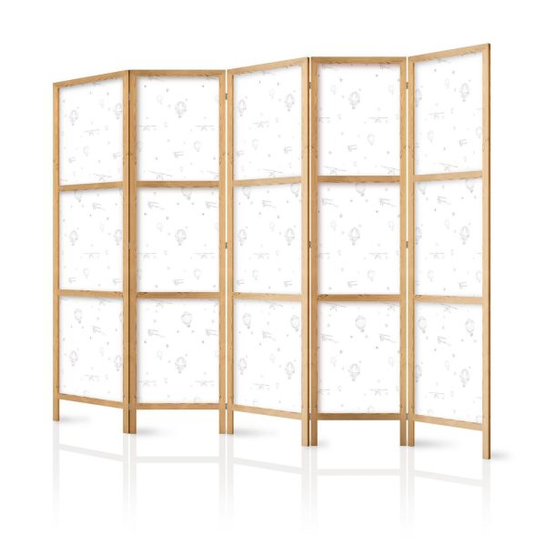 Japanese Room Divider - Watercolor - Airplanes and Balloons Painted on a White Sky Background