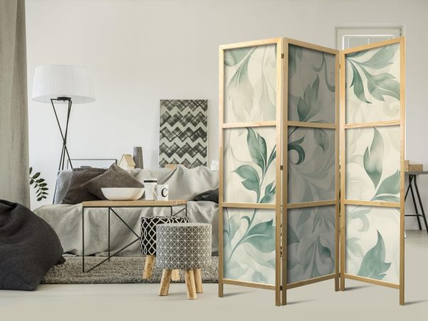 Japanese Room Divider - Watercolor Botanical Motif - Delicate Green-Beige Leaves - Image 2