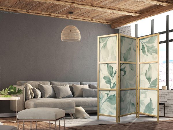 Japanese Room Divider - Watercolor Botanical Motif - Delicate Green-Beige Leaves - Image 3