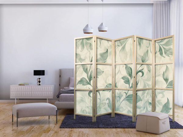 Japanese Room Divider - Watercolor Botanical Motif - Delicate Green-Beige Leaves - Image 2