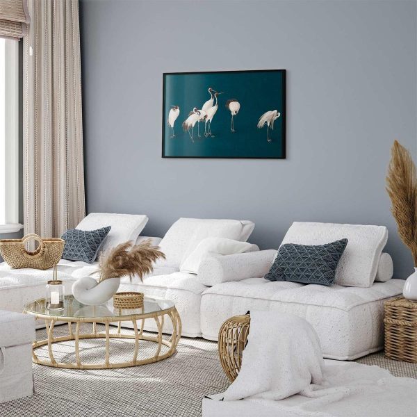 Poster - Evening at the Pond - group of cranes drawn in dry pastel on a dark turquoise background
