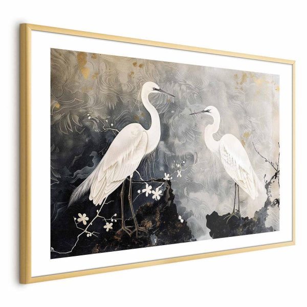 Poster - Herons and Cherry Blossom - oriental-style illustration depicting birds