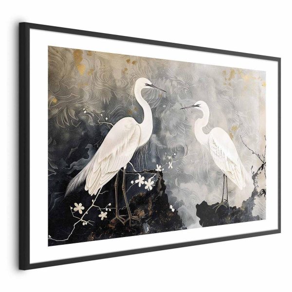 Poster - Herons and Cherry Blossom - oriental-style illustration depicting birds