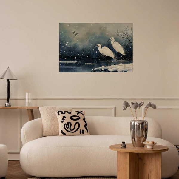Poster - Herons over a Winter Pond - illustration in the Japanese style in dark colors