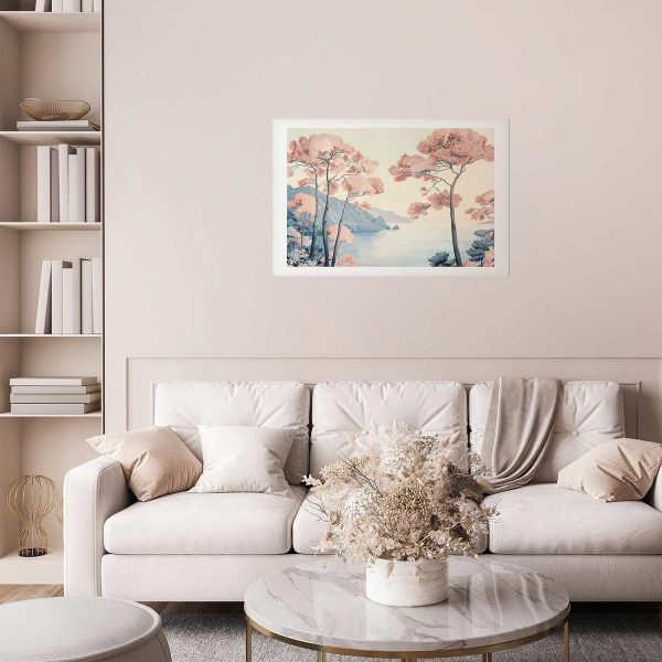 Poster - Ocean Cliffs and Trees Delicate Motif in Pastel Colors