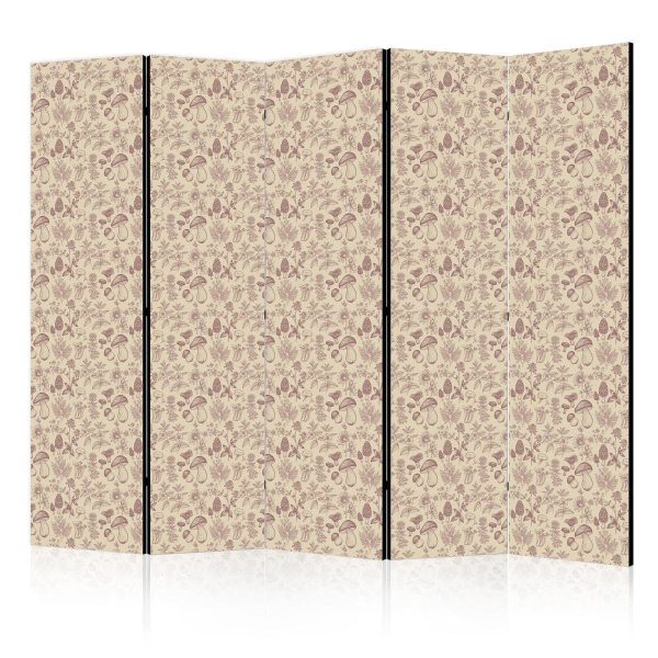 Room Divider - Beige Nature of the Forest - Mushrooms Flowers and Herbs on a Light Background