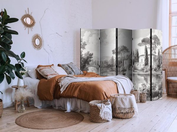 Room Divider - Black and White Vintage Landscape - Retro View of a Pond with a Boat