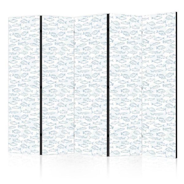 Room Divider - Blue Fish - Blue Outlines of Various Fish Species on a White-Blue Background