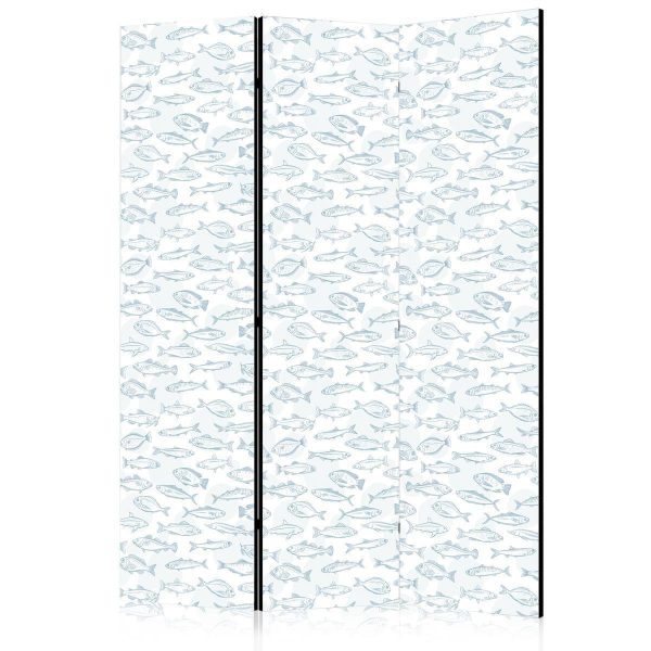 Room Divider - Blue Fish - Blue Outlines of Various Species of Fish on a White-Blue Background