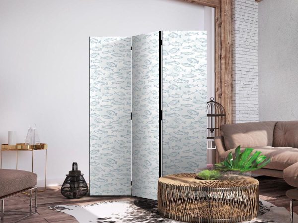 Room Divider - Blue Fish - Blue Outlines of Various Species of Fish on a White-Blue Background