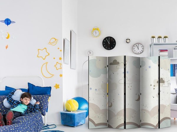 Room Divider - Cloudy Night Sky - Moons in Browns and Beiges Amid Numerous Clouds and Stars on a Light Background