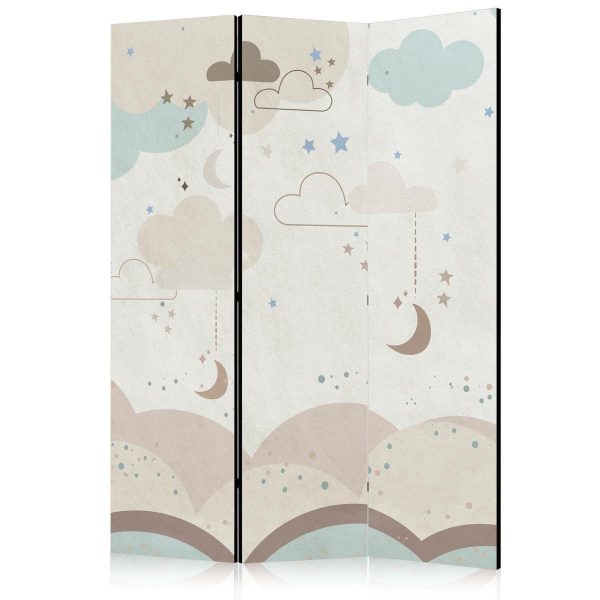Room Divider - Cloudy Night Sky - Moons in Browns and Beiges Amid Numerous Clouds and Stars on a Light Background