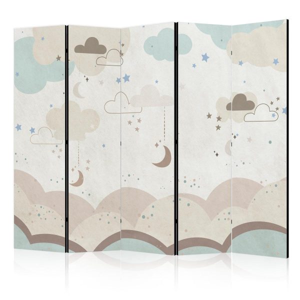 Room Divider - Cloudy Night Sky - Moons in Browns and Beiges Amid Numerous Clouds and Stars on a Light Background