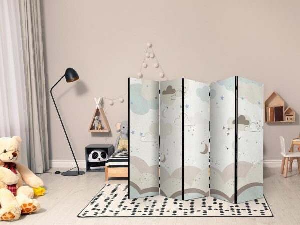 Room Divider - Cloudy Night Sky - Moons in Browns and Beiges Amid Numerous Clouds and Stars on a Light Background