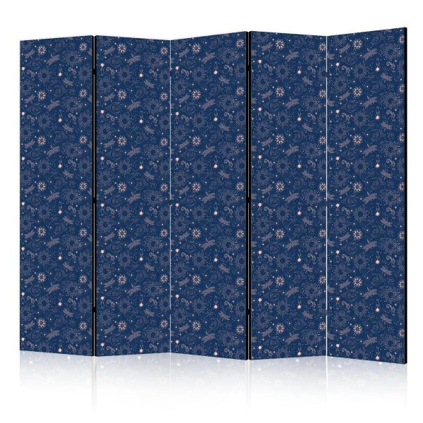 Room Divider - Cosmic Fantasy - Pattern with Suns Moons and Dragonflies on a Dark Background