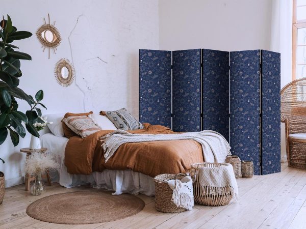 Room Divider - Cosmic Fantasy - Pattern with Suns Moons and Dragonflies on a Dark Background
