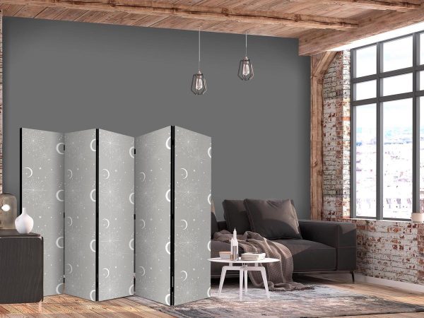 Room Divider - Cosmic Fireworks - Elegant Pattern with Moons and Stars on a Gray Background