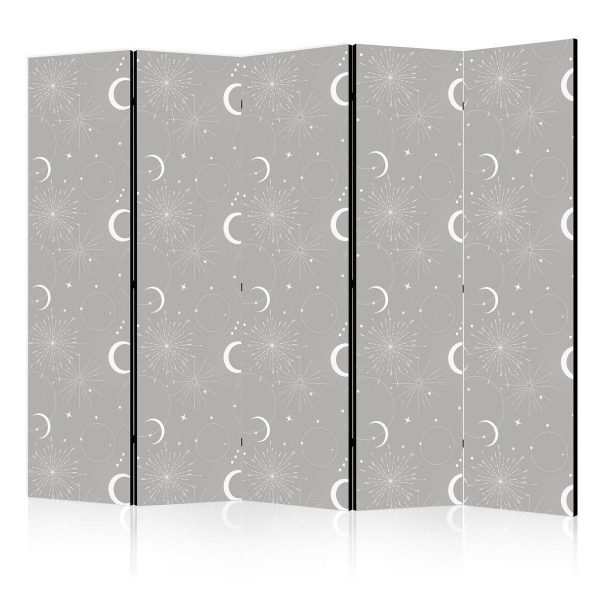 Room Divider - Cosmic Fireworks - Elegant Pattern with Moons and Stars on a Gray Background